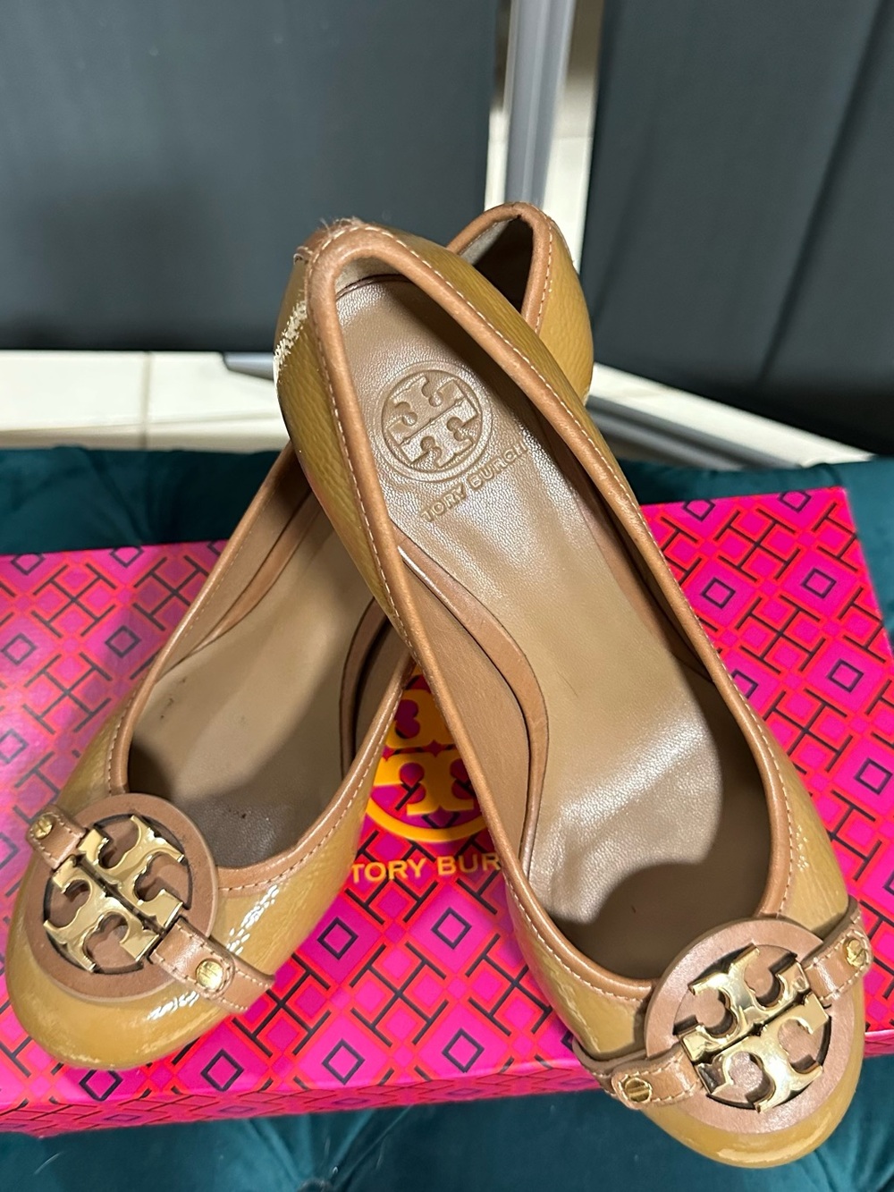 Tory Burch Tan Leather Logo Ballet Flats